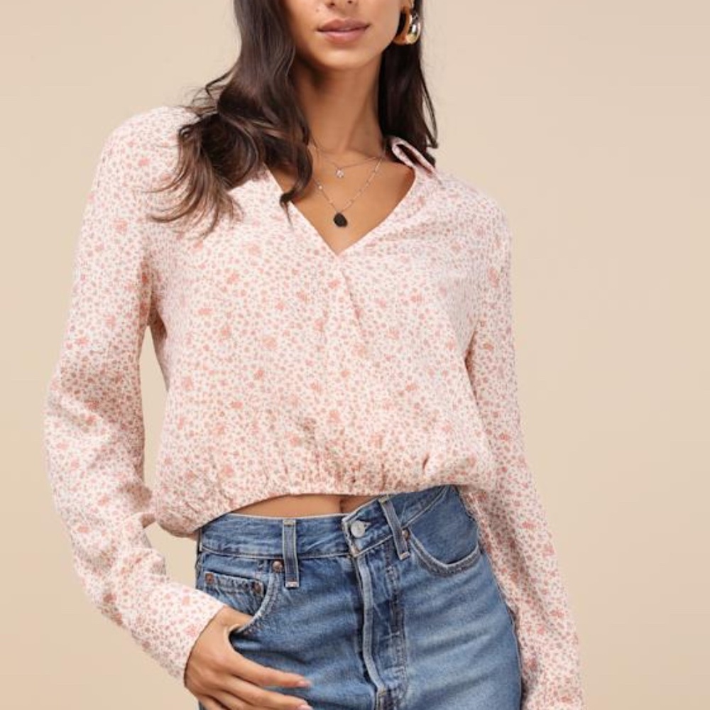 Lulus Convincingly Darling Ivory Floral Collared Long Sleeve Top White - Size L